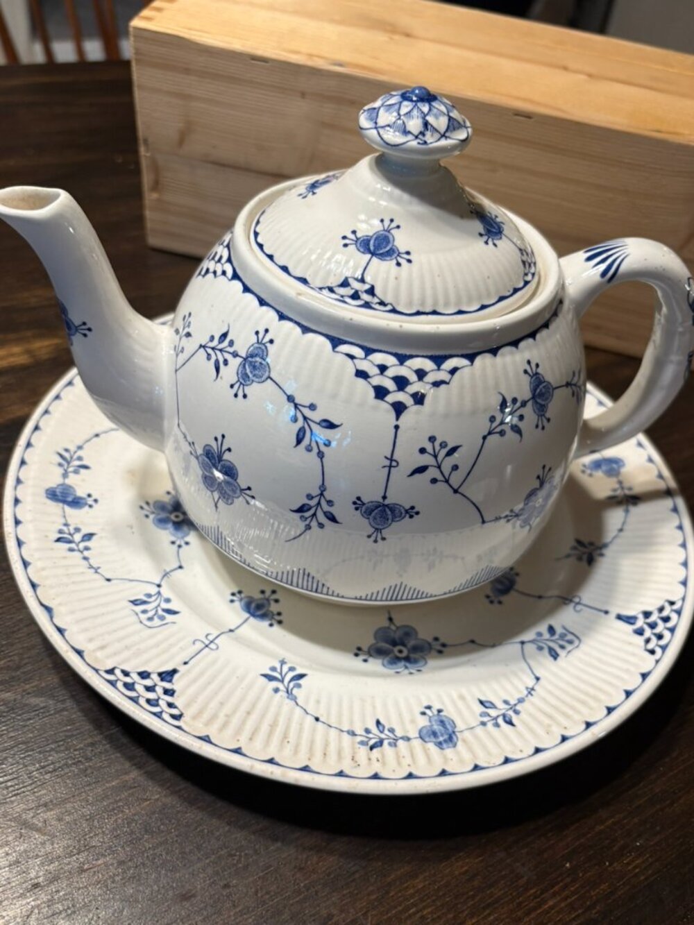 Vintage Furnivals Limited "Denmark" Blue & White Teapot with Matching Saucer